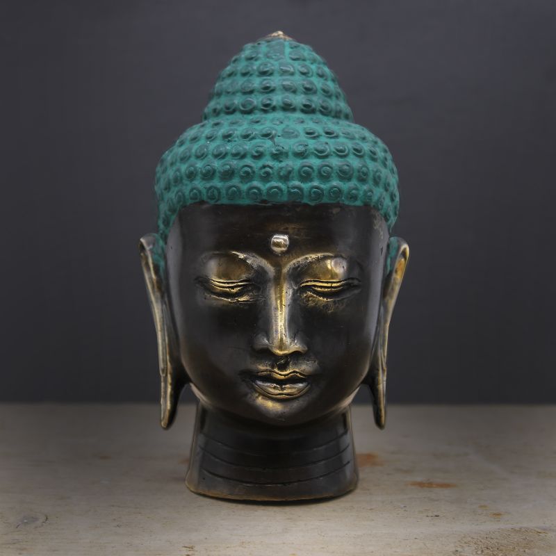 Grande Tête de Bouddha en Laiton Antique