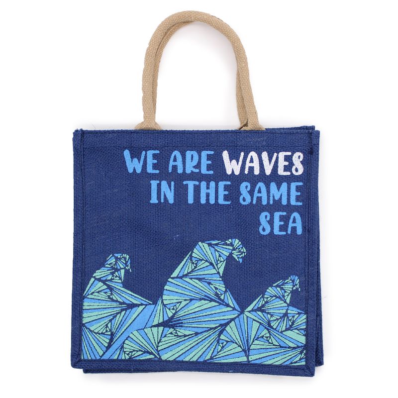 Sac en jute imprimé - We are Waves - Gris, bleu et naturel