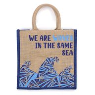 Sac en jute imprimé - We are Waves - Gris, bleu et naturel