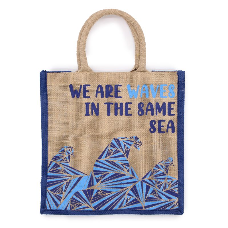 Sac en jute imprimé - We are Waves - Gris, bleu et naturel
