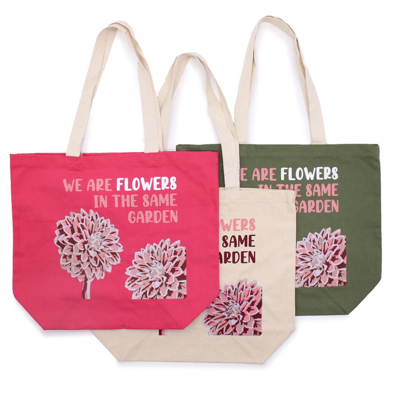 Sac en coton imprimé - We are Flowers - Olive, Rose et Naturel