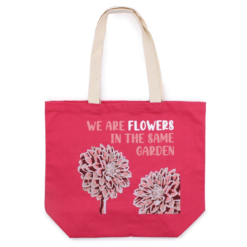 Sac en coton imprimé - We are Flowers - Olive, Rose et Naturel