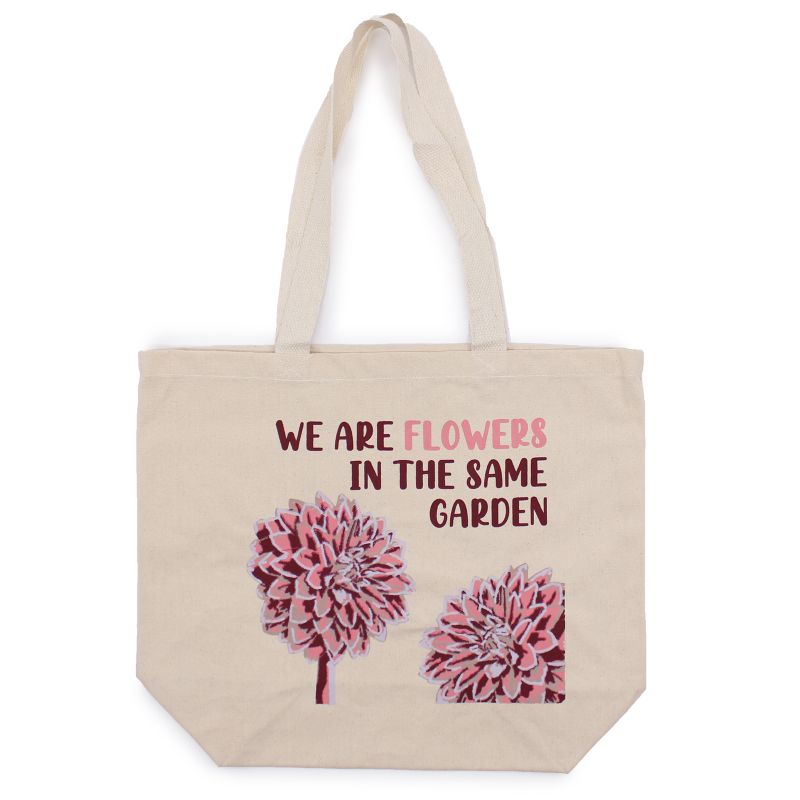 Sac en coton imprimé - We are Flowers - Olive, Rose et Naturel
