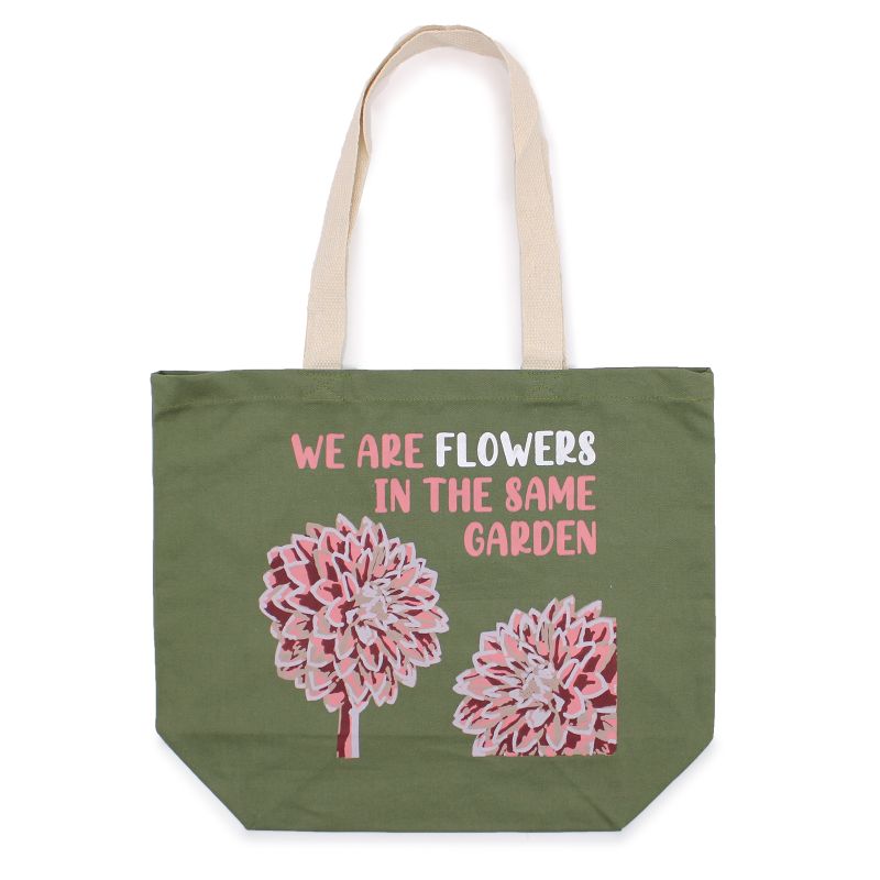Sac en coton imprimé - We are Flowers - Olive, Rose et Naturel