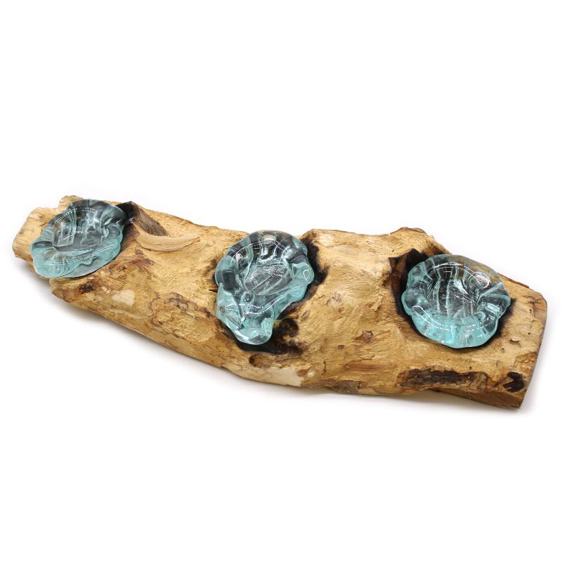 Bougeoir Triple Plat en Verre Fondu sur Bois