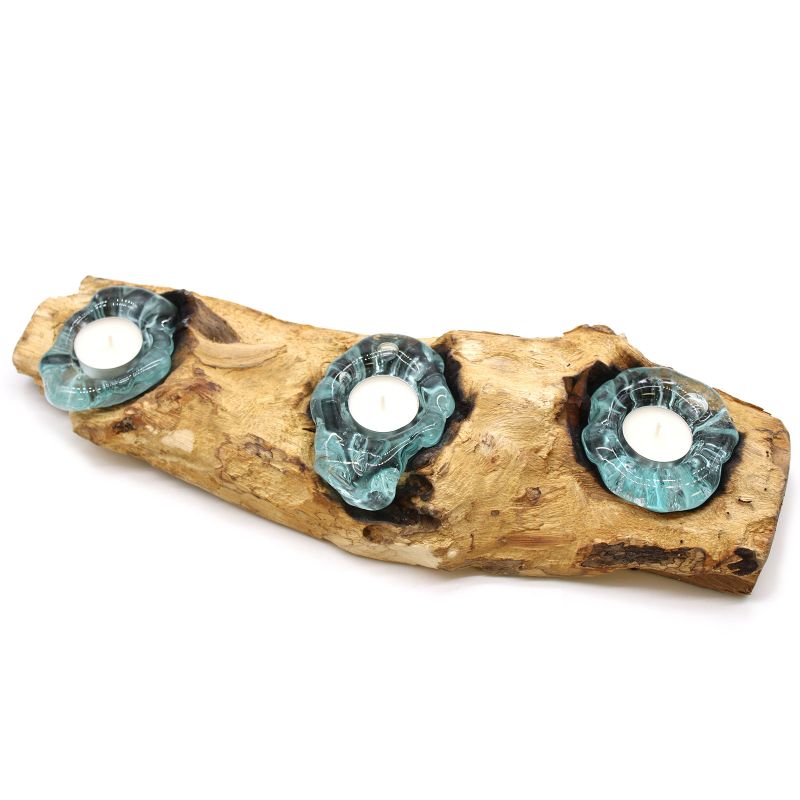 Bougeoir Triple Plat en Verre Fondu sur Bois