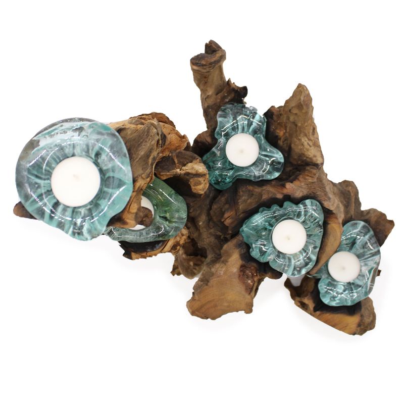 Présentoir avec 5 Bougeoirs en Verre Fondu sur Bois