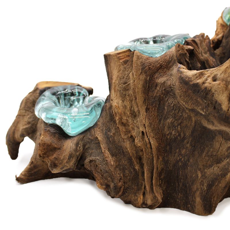 Présentoir avec 5 Bougeoirs en Verre Fondu sur Bois