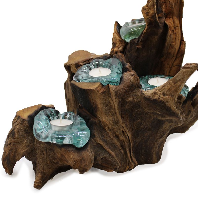 Présentoir avec 5 Bougeoirs en Verre Fondu sur Bois