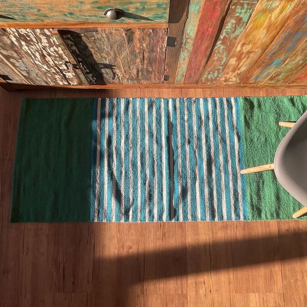 Tapis Indien en Coton - 70x170cm - Bleu/ Vert