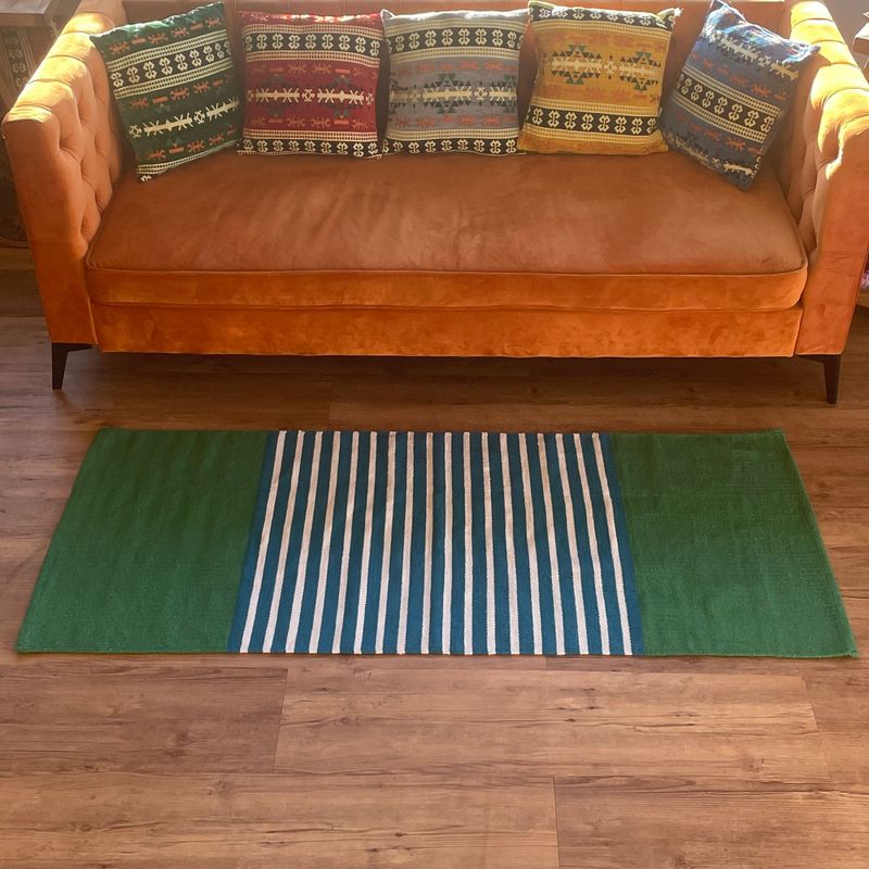 Tapis Indien en Coton - 70x170cm - Bleu/ Vert