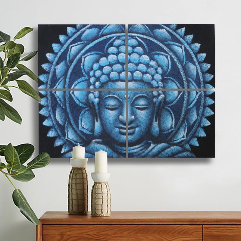 Bouddha Mandala Bleu Détail Brocart - 30x40cm x 4