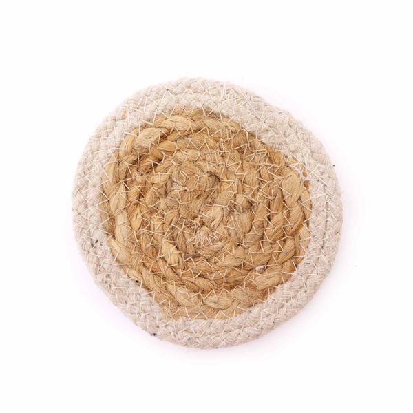 Dessous de Verre Naturel - Jute & Coton 10cm (lot de 4) - Couleurs Mixtes dans un Panier