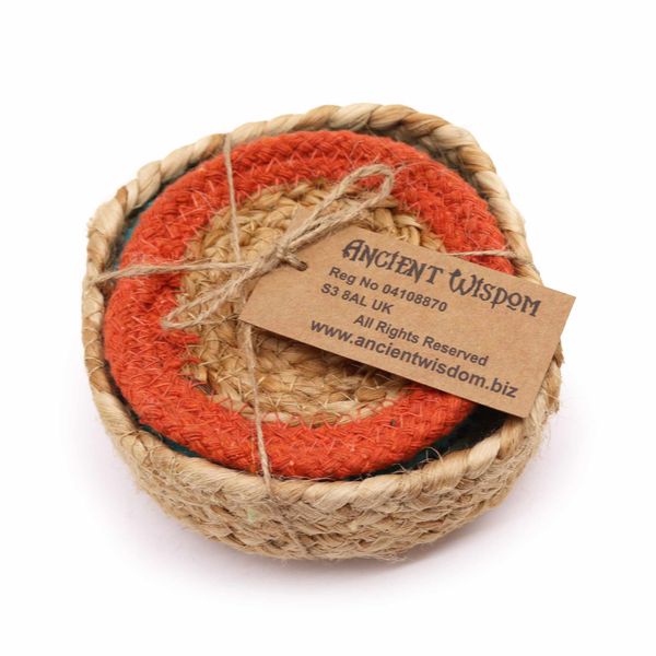 Dessous de Verre Naturel - Jute & Coton 10cm (lot de 4) - Couleurs Mixtes dans un Panier