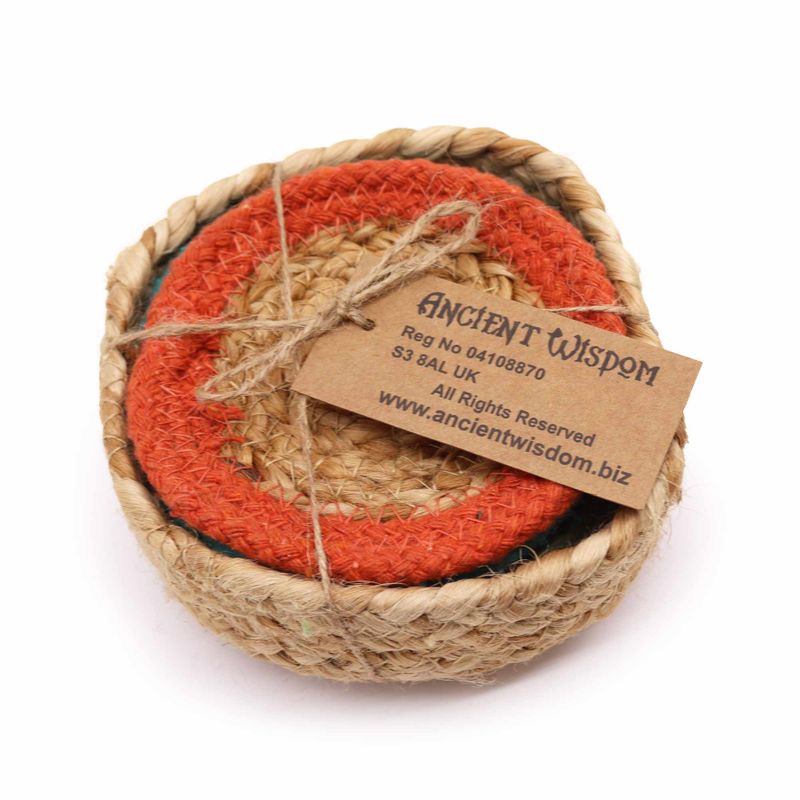 Dessous de Verre Naturel - Jute & Coton 10cm (lot de 4) - Couleurs Mixtes dans un Panier