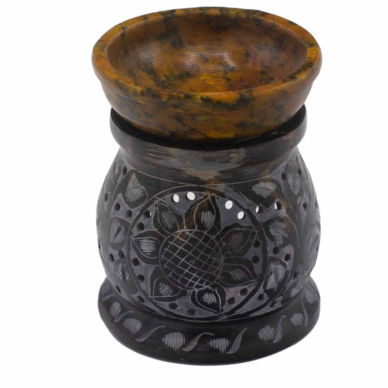 Brûleur à Huile en Pierre Ollaire 10cm - Fleur Mandala - Noir & Jaune