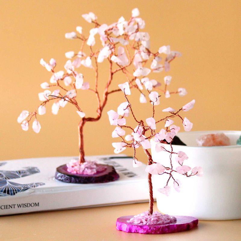 Arbre à Pierres Précieuses - Quartz Rose sur Base d'Agate Naturelle (35 pierres)