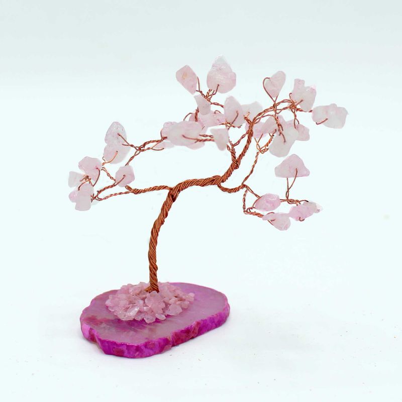 Arbre à Pierres Précieuses - Quartz Rose sur Base d'Agate Naturelle (35 pierres)