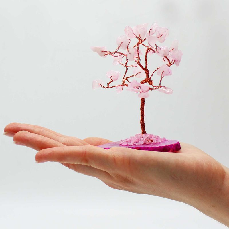 Arbre à Pierres Précieuses - Quartz Rose sur Base d'Agate Naturelle (35 pierres)