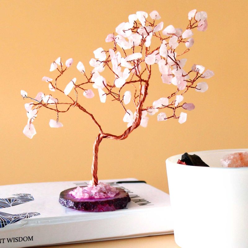Grand Arbre de Pierres Précieuses - Quartz rose surBase d'Agate Naturelle Rose (100 pierres)