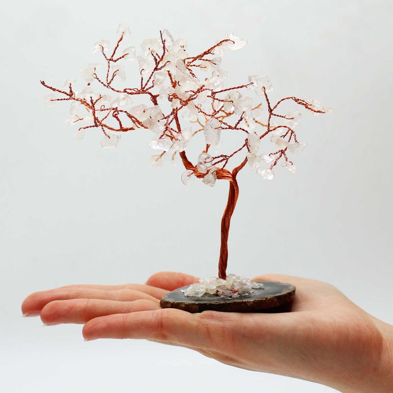 Grand Arbre de Pierres Précieuses - Quartz rocheux sur Base d'Agate Naturelle Noire (100 pierres)