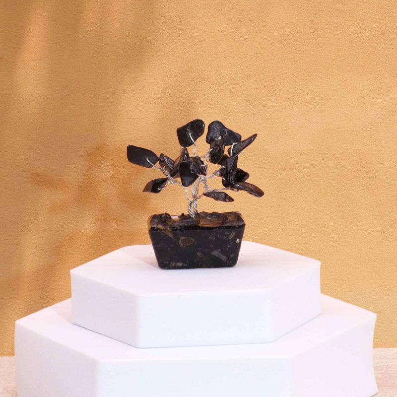 Mini Arbre de Pierres Précieuses sur Base d'Orgonite - Agate Noire (15 pierres)