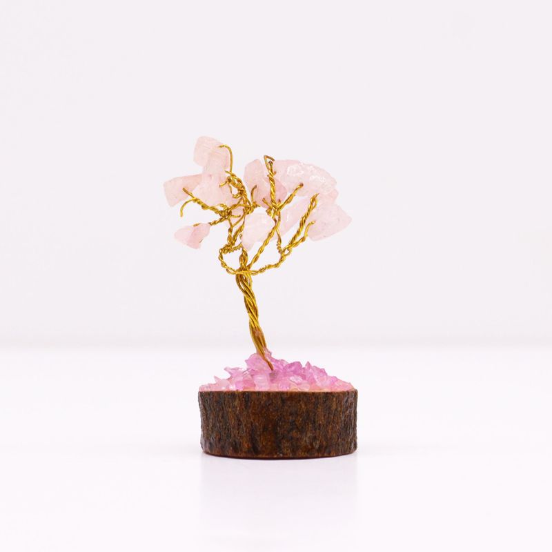 Mini Arbre en Pierres Précieuses sur Socle en Bois - Quartz Rose (15 pierres)