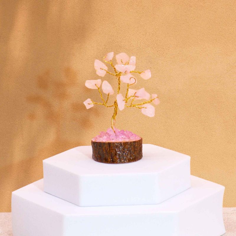 Mini Arbre en Pierres Précieuses sur Socle en Bois - Quartz Rose (15 pierres)