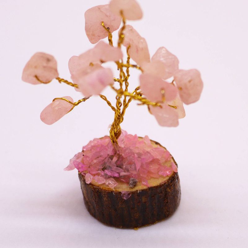 Mini Arbre en Pierres Précieuses sur Socle en Bois - Quartz Rose (15 pierres)