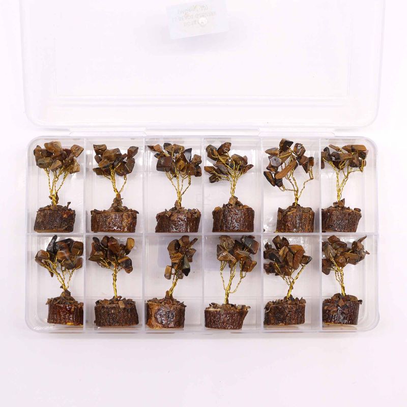 Mini Arbre en Pierres Précieuses sur Socle en Bois - Œil du Tigre (15 pierres)