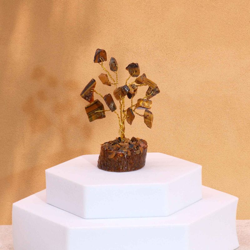 Mini Arbre en Pierres Précieuses sur Socle en Bois - Œil du Tigre (15 pierres)