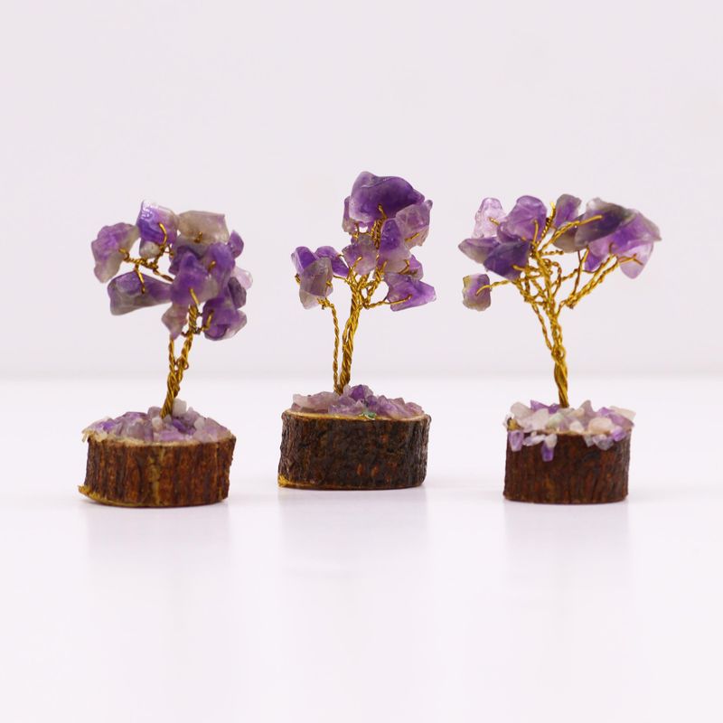 Mini Arbre en Pierres Précieuses sur Socle en Bois - Améthyste (15 pierres)