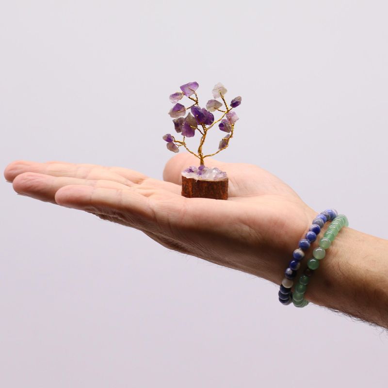Mini Arbre en Pierres Précieuses sur Socle en Bois - Améthyste (15 pierres)