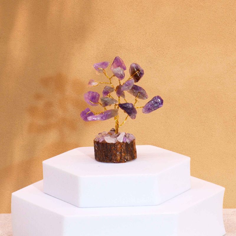 Mini Arbre en Pierres Précieuses sur Socle en Bois - Améthyste (15 pierres)
