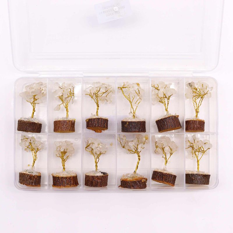 Mini Arbre en Pierres Précieuses sur Socle en Bois - Quartz de Roche (15 pierres)