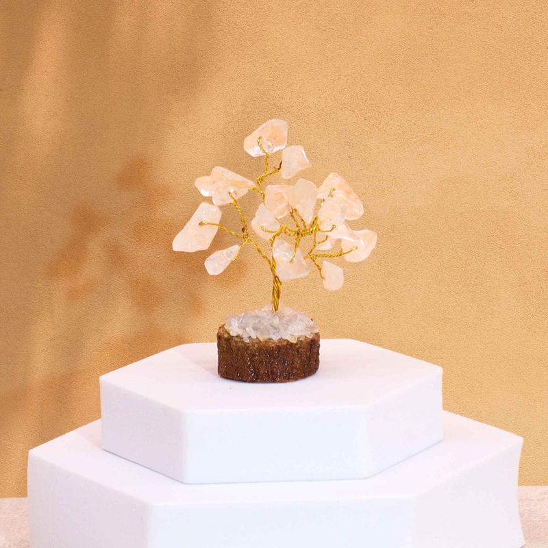 Mini Arbre en Pierres Précieuses sur Socle en Bois - Quartz de Roche (15 pierres)