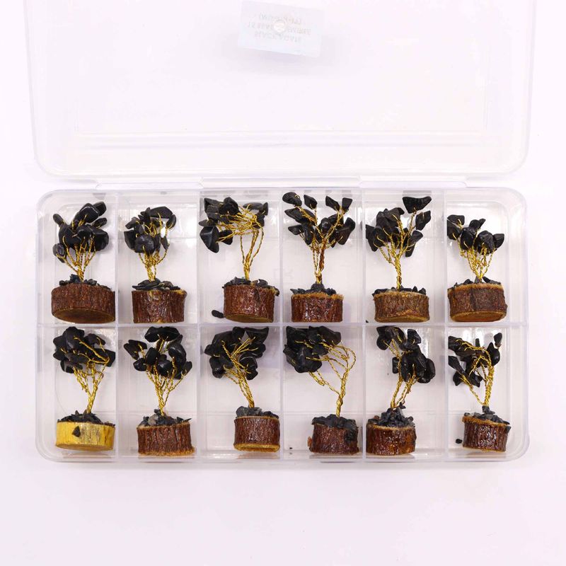 Mini Arbre en Pierres Précieuses sur Socle en Bois - Agate Noire (15 pierres)