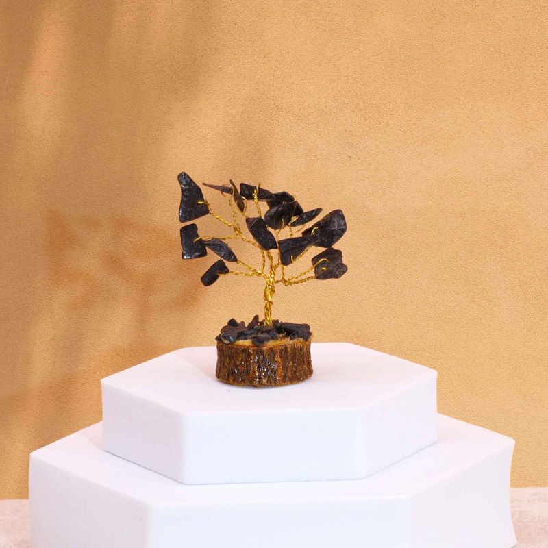 Mini Arbre en Pierres Précieuses sur Socle en Bois - Agate Noire (15 pierres)