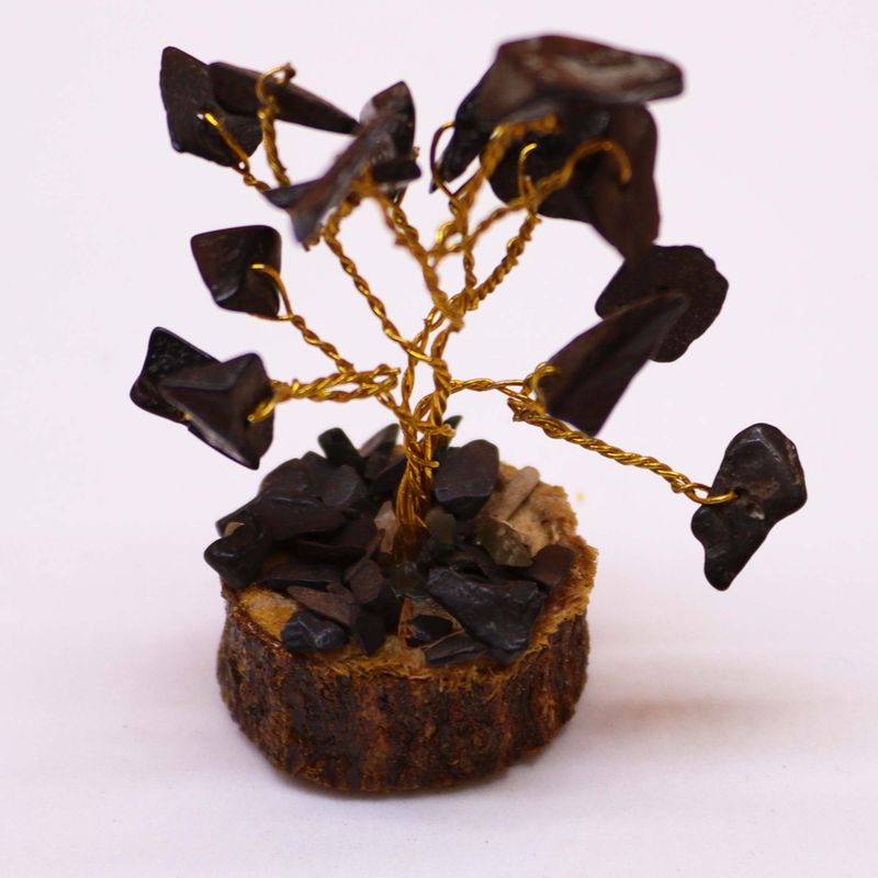 Mini Arbre en Pierres Précieuses sur Socle en Bois - Agate Noire (15 pierres)