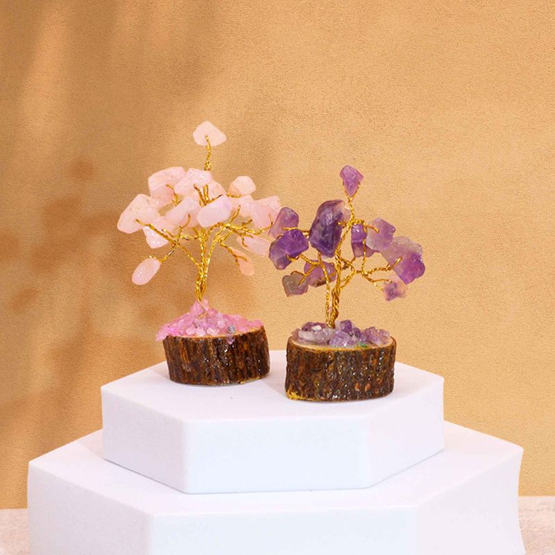 Mini Arbre en Pierres Précieuses sur Socle en Bois - Mélange Assorti (15 pierres)