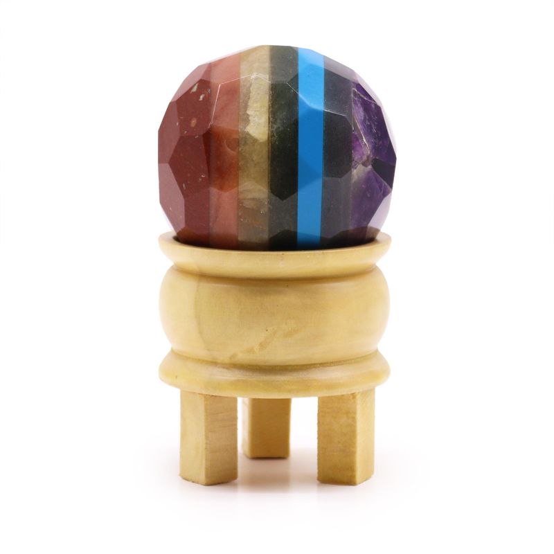 Boule de Guérison à Facettes en Pierres Précieuses & Support - Sept Chakras