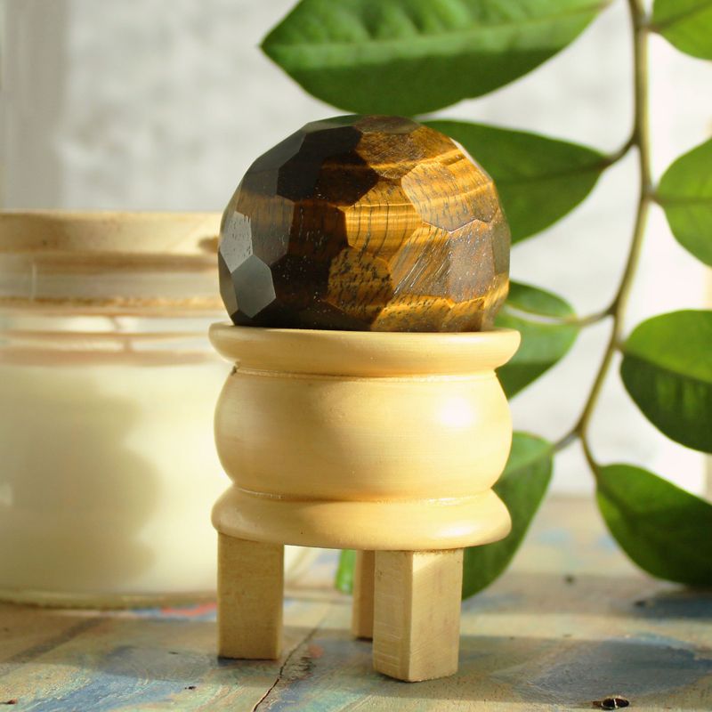 Boule de Guérison à Facettes en Pierres Précieuses & Support - Oeil de Tigre