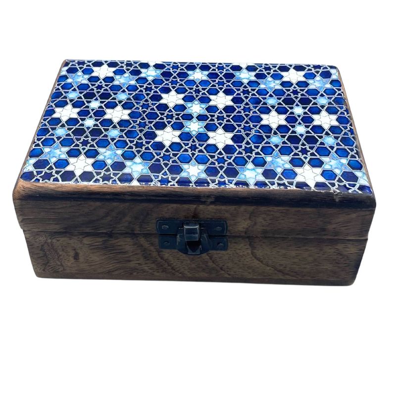 Boîte Moyenne en Bois Recouverte de Céramique - 15x10x6cm - Étoiles Bleues