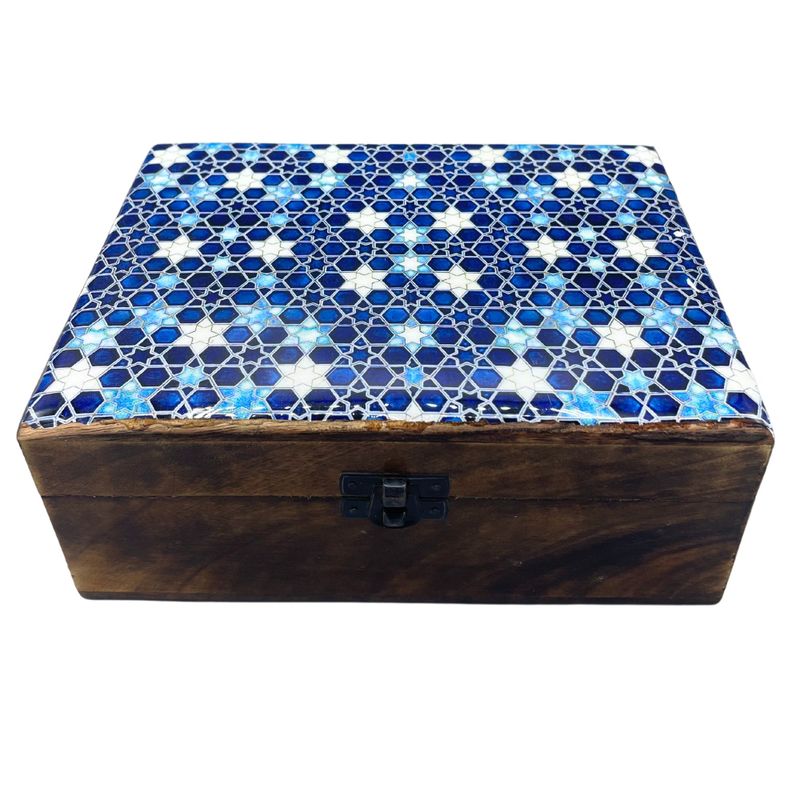 Grande Boîte en Bois Recouverte de Céramique - 20x15x7,5cm - Étoiles Bleues