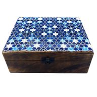 Grande Boîte en Bois Recouverte de Céramique - 20x15x7,5cm - Étoiles Bleues