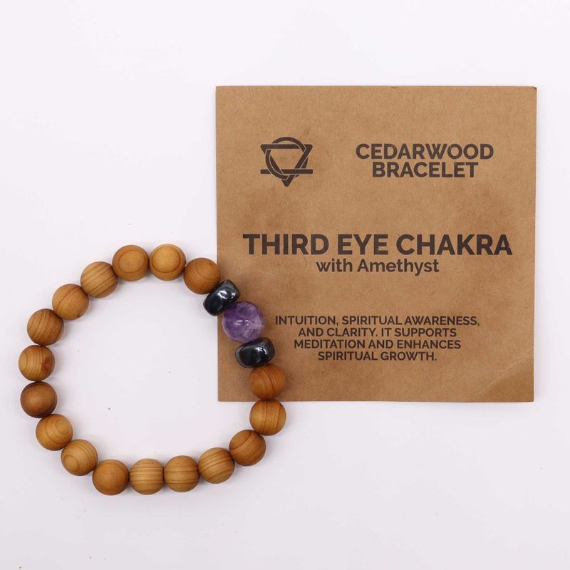 Bracelet Chakra du Troisième Oeil en Bois de Cèdre avec Améthyste
