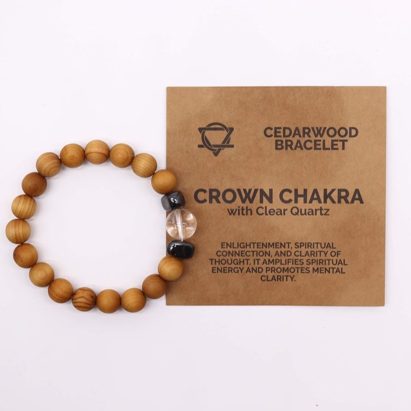 Bracelet Chakra de la Couronne en Bois de Cèdre avec Quartz Clair
