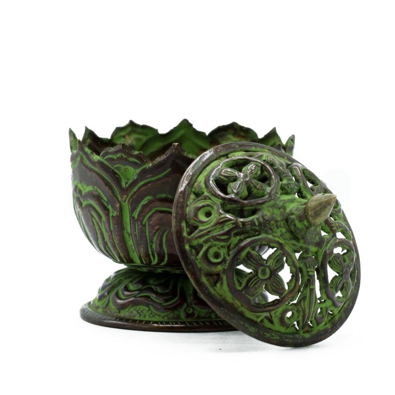 Brûleur d'Encens Tibétain en Laiton Vert-de-gris - Petit Lotus