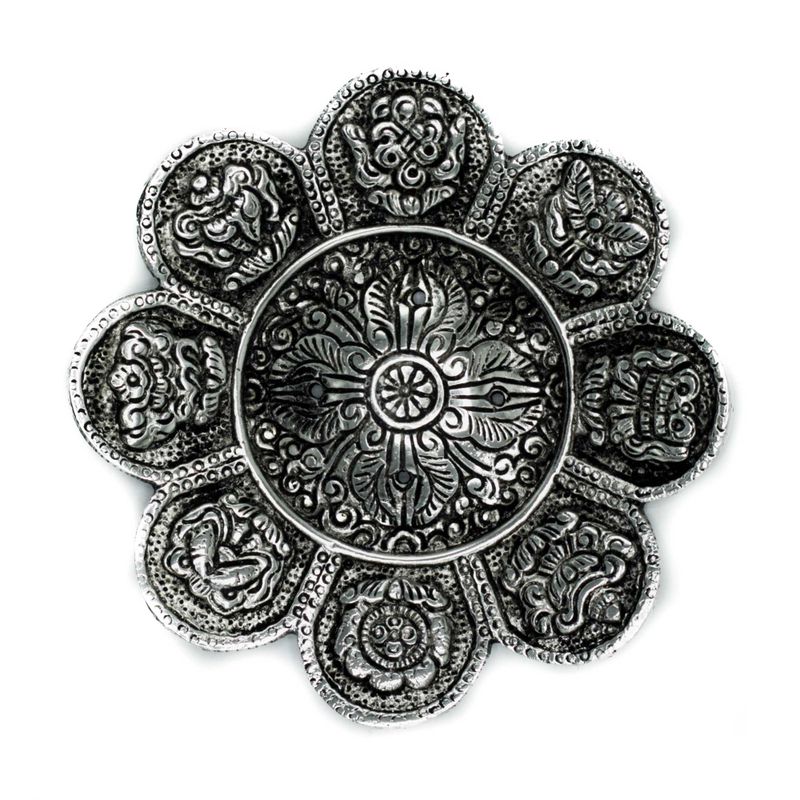 Porte-Encens Symboles Tibétains en Aluminium Poli 12cm