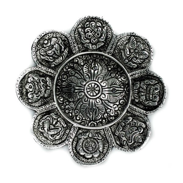 Porte-Encens Symboles Tibétains en Aluminium Poli 12cm